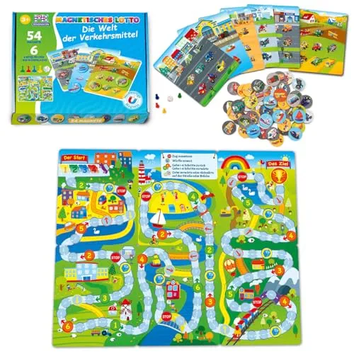 MAGNIKON Magnetisches Lotto Verkehrsmittel, Bingo Spiel für Kinder ab 3 Jahren, Lotto Memory Spiel, 54 Magnete, 6 Doppelseitige Spielfelder, Bilderlotto Autos, Lernspiel ab 3 Jahre
