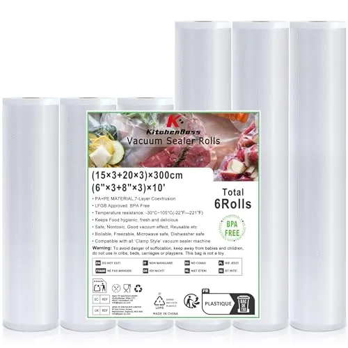 KitchenBoss Vakuumierbeutel Vakuumierfolie 6 Rollen：Vakuumbeutel für Lebensmittel 15 x 300 cm/ 20 x 300 cm, Professionelle Einschweißfolie für Vakuumierer und Sous-Vide, Reißfest