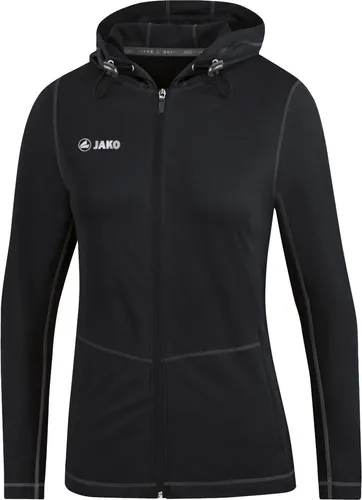 JAKO Laufjacke Run 2.0 - Damen Kapuzenjacke in Schwarz, Größe 44 - Badmintonbekleidung Damen, atmungsaktive Full-Zip Kapuzenjacke aus funktionellem Material, ideal für kühle Tage und optimales Feuchtigkeitsmanagement beim Sport.