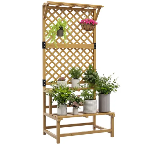 Outsunny Blumentreppe mit Rankhilfe – Mehrstöckiger Holz Pflanzenständer - Zweistufiger Pflanzenständer mit Gitterrückwand für optimale Präsentation und Luftzirkulation. Ideal für Garten und Balkon, aus wetterfestem Tannenholz, bietet zusätzlichen Platz für Ihre Lieblingsdekorationen.
