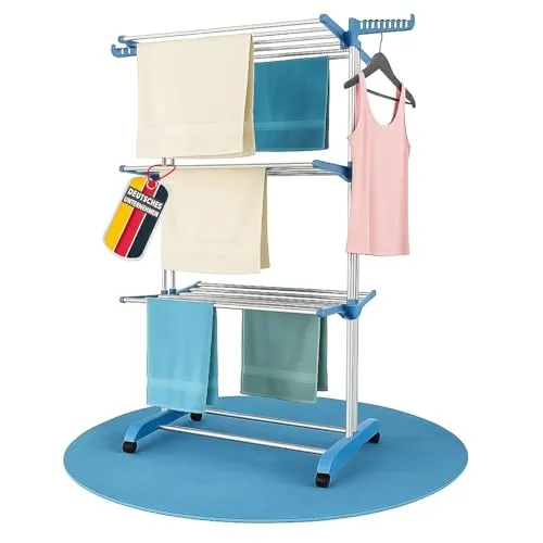 Coemo Wäscheständer vertikal Blau - 3 Ebenen auf Rollen - Wäscheständer mit platzsparendem Design, höhenverstellbar und werkzeuglos aufbaubar. Ideal für kleine Räume, bietet maximale Trockenfläche und bleibt flexibel im Einsatz.