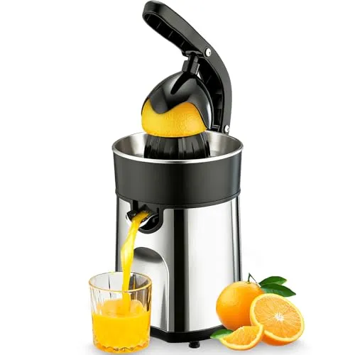 Cozary Zitruspresse Elektrische, Orangenpresse Zitronenpresse inkl 2 Presskegel, Gehäuse und Filter aus rostfreiem Stahl,Orange Juicer Press Geeignet für Orangen,Zitronen und Limetten, BPA Frei