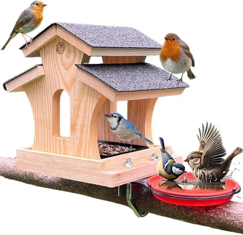 Stafeco Vogelhaus für Balkon und Garten - Handgefertigtes Futterhaus - Tierhäuser - Wetterfestes, handgefertigtes Vogelfutterhaus aus Naturholz mit stabiler Balkonhalterung und praktischer Vogeltränke für ganzjährige Vogelfütterung.