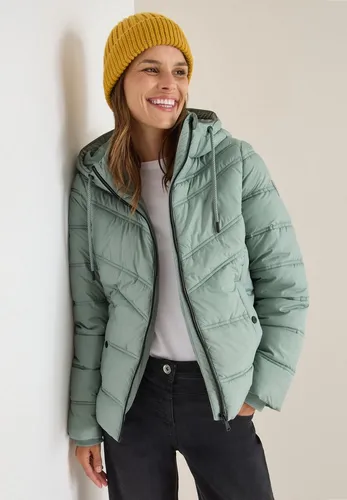 CECIL Damen Steppjacke mit Kapuze, Smoke salvia, Größe 32 - Funktionsjacke mit reflektierenden Details und angesetzter Kapuze, ideal für aktive Frauen, die Wert auf Stil und Funktionalität legen.
