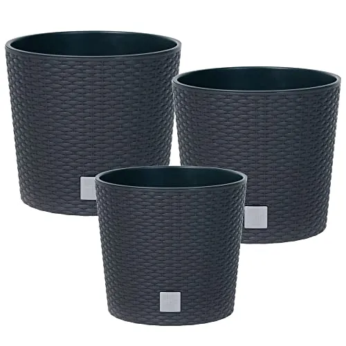 botle Innen & Außenbereich Set 3X Blumentopf Rund Rattan H 19 22 27 cm Anthrazit mit Pflanzeinsatz Rund