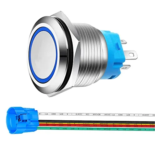 Gebildet 22mm Edelstahl Kurzzeitiger Drucktasten 12V-24V 5A LED 1NO1NC SPDT ON Off Wasserdichter mit Steckdose Stecker (Blau LED)