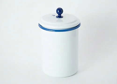 Vorrats-Dose groß im Landhausstil - Vorratsglas aus weißer und blauer Emaille, ideal für nostalgische Kücheneinrichtungen. Mit festschließendem Deckel zur dekorativen Aufbewahrung von Lebensmitteln und Kleinteilen.