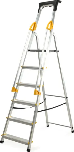 KADAX Aluleiter 6 Stufen - Klappbare Stehleiter mit Handlauf und Antirutsch-Füßen - Leitern, belastbar bis 150 kg, ideal für Renovierungen und sicheres Arbeiten in der Höhe dank stabiler Konstruktion und praktischem Werkzeugfach.