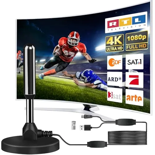 Produktbild DVB-T2 Antenne mit Verstärker für Innen – Zimmerantenne für Fernseher, DVB-T/T2, TV Antenne 4K UHD Full HD, 360° Empfang bis 500 km, kostenlose Sender