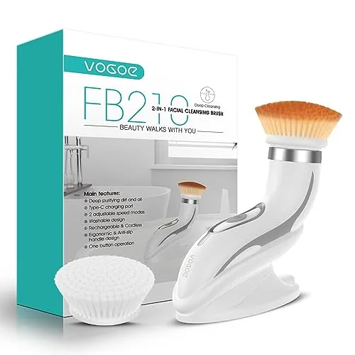 VOGOE Gesichtsreinigungsbürste elektrische, Wiederaufladbar Reinigungsbürste Gesicht IPX6 Wasserdicht, Gesichtsreinigung mit 2 Bürsten und 2 Geschwindigkeiten für Sanftes Peeling FB210 (Grau)
