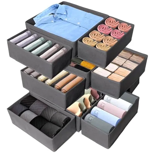 SAMISO 12er Ordnungssystem Kleiderschrank,Schubladen Ordnungssystem,Grau Faltbare Aufbewahrungsbox Stoff,Organizer für den Kleiderschrank aus Stofffür Aufbewahrung Kleidung,Tshirts,Unterwäsche