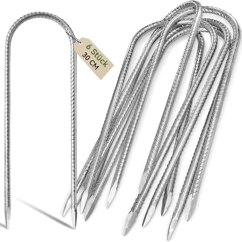 Graxury 6 Stück 30cm Schwere Trampolin-Zeltanker-Bodennägel - Verzinkter Stahl Rostfrei U-Haken-Rebar-Pfähle passend für Trampoline, Camping, Gartenschuppen, Schaukeln
