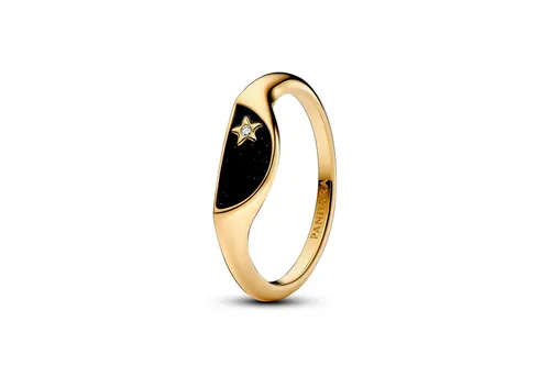 PANDORA 14k Gold-plated Signetring mit Zirkonia - Eleganter 14k gold-plated Ring mit funkelnden Zirkonia und schimmerndem schwarzen Emaille, ideal für besondere Anlässe und den täglichen Stil.