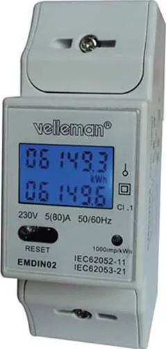 Velleman EMDIN02 Energiekosten-Messgerät - Präzises Energiekostenmessgerät für Hutschienenmontage. Ideal zur genauen Messung des Stromverbrauchs in einphasigen AC-Netzen. Kompakt, effizient und technisch hochwertig.