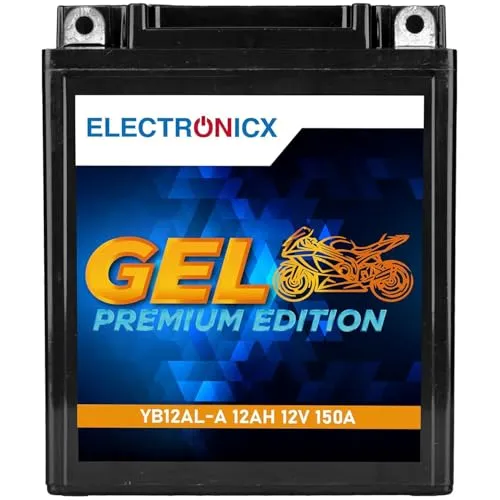Electronicx, GEL, Motorradbatterie YB12AL-A 12V 12Ah 150A Starterbatterie wartungsfrei versiegelt auslaufsicher Hochleistung Roller, Mofa, Quad Motorrad- kompakt, vibrationsfest - Powersport Akku.