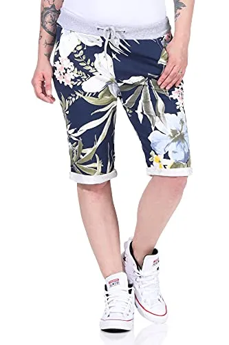 CLEO STYLE Kurze Damen Bermuda, leichte luftige Hose für den Sommer, kurzer Jogger für Freizeit und Strand 9 (Dunkelblau/Blume 2)