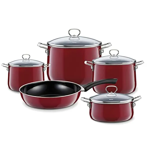 Riess 5-teiliges Topf-Geschirrset mit Glasdeckel Nouvelle Rosso - Koch- & Suppentöpfe, kratzfest und leicht zu reinigen – ideal für gesundes Kochen auf Induktionsherden.