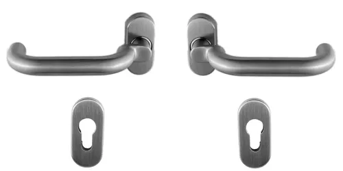 Edelstahl Haustür Griff Komplettgarnitur auf Ovalrosette U-Form gekröpft