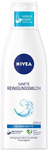 NIVEA Sanfte Reinigungsmilch 200 ml - Make-up-Reinigungswasser: Sanfte Reinigung für alle Hauttypen, entfernt gründlich Make-Up und wasserfeste Mascara, spendet Feuchtigkeit und unterstützt die Mikrobiom Balance.