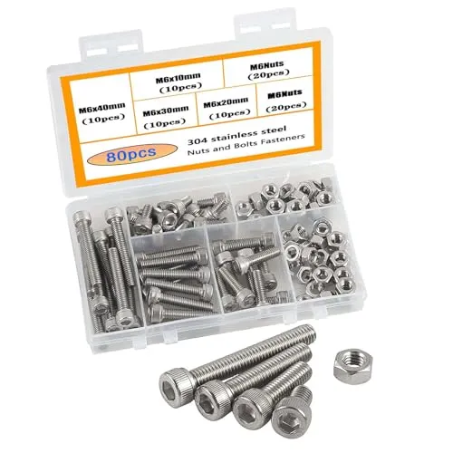 HVDHYY M6 Schrauben Set 304 Edelstahl-Innensechskant Mechanische Innensechskantschraube und Muttern-Set Rostfrei Sechskopfschrauben Muttern Mit 80pcs