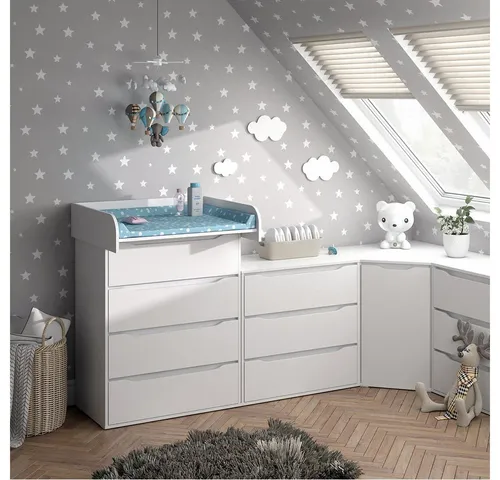 Vicco Wickelkommode Ruben, Weiß, 83 x 117 cm - Wickeltisch mit abnehmbarer Wickelauflage und 4 geräumigen Schubladen, ideal für Babyutensilien und später als stilvolle Kommode nutzbar.