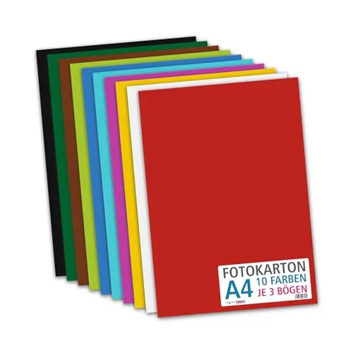 itenga Fotokarton Bogen farbig sortiert DIN A2 A3 A4 A5 A6-300 g/qm 30 Blatt - Tonkarton Bastelkarton Bastelpapier 10 Standardfarben - pro Farben je 3 Blatt (DIN A4-30 Blatt 10 Farben 300 g/qm)