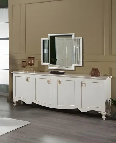 Moderne Anrichte mit Spiegel - Weißes Holz Sideboard - Elegante Anrichte mit Spiegel, ideal für Flur und Wohnzimmer. Hergestellt aus hochwertigem Holzfurnier, bietet sie stilvollen Stauraum und ergänzt jede Einrichtung. Maße: 220 x 50 x 76 cm.