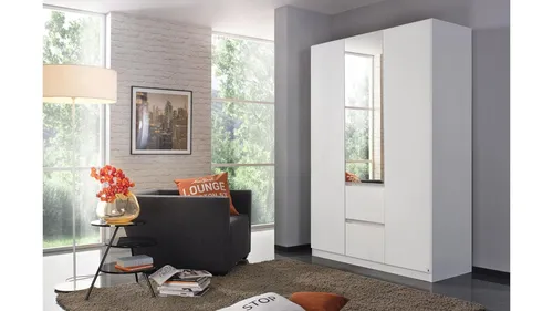 Kleiderschrank Nidda 3-türig in Weiß mit Spiegel und push-to-open - Moderner Schlafzimmerschrank mit 3 Türen, Kleiderstange und Schubfächern. Praktisch und stylish, ideal für Ihr Schlafzimmer. Maße: 136 cm Breite, 197 cm Höhe.