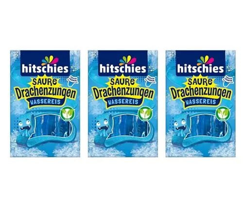 3x Saure Drachenzungen Wassereis Blau – Blaue Himbeere – Megasauer & eiskalt genießen – Hitschies Wassereis-Highlight für den Sommer + Heartforcards Sticker