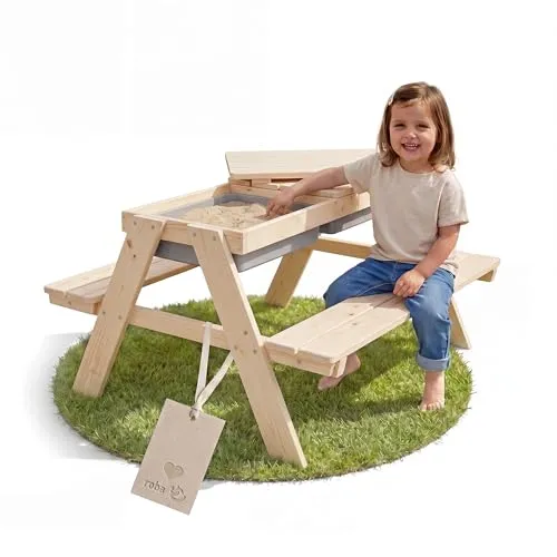 roba® Garten-Kindersitzgruppe Outdoor+ - Spieltisch & Sitzgarnitur aus Massivholz - Die roba Garten-Kindersitzgruppe Outdoor+ bietet Spielwannen und eine stabile Sitzgarnitur für Kinder von 12 Monaten bis 8 Jahren. Ideal für Spaß im Freien und kreative Bastelstunden drinnen!