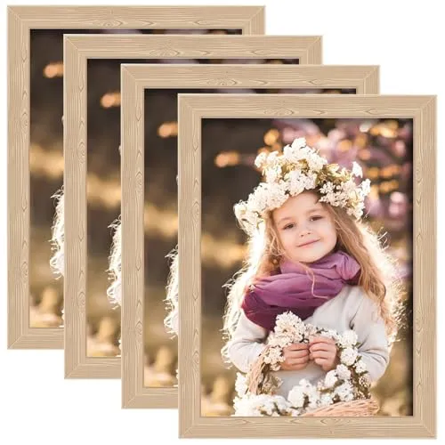 Bilderrahmen DIN A4: 4 Stück 21x29,7cm Fotorahmen, Moderner Bilderrahmen mit Holzmaserungsrahmen, Picture Frame mit Bruchsicherem Plexi-Glas, Rahmen für Wände und Tische, Hochformat oder Querformat
