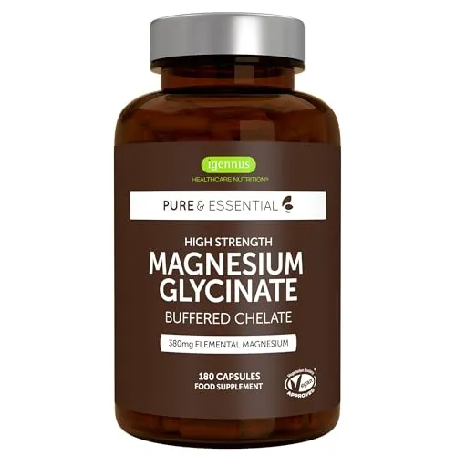 Igennus Hochdosiertes Magnesium Bisglycinat 1300mg, gepuffert & chelatiert, 380mg elementares Magnesium, Clean Label, vegan, 180 Kapseln, 90 Portionen