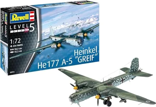Revell Heinkel HE177 A-5 Greif Modellbausatz 1:72 Level 5 - Luftfahrt-Modellbausatz mit detailliertem Cockpit, beweglichen Propellern und authentischen Lackierungen für realistische Nachbildungen.