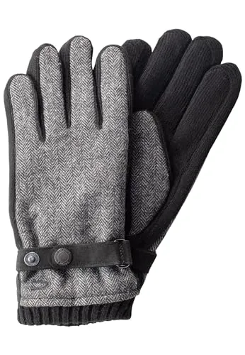 camel active Herren Handschuhe mit Lederriemen in Wolloptik Grau - Hochwertige Handschuhe aus einem Wolle-Materialmix mit elastischem Strickbund, ideal für kalte Tage und modisch im Fischgrätmuster.