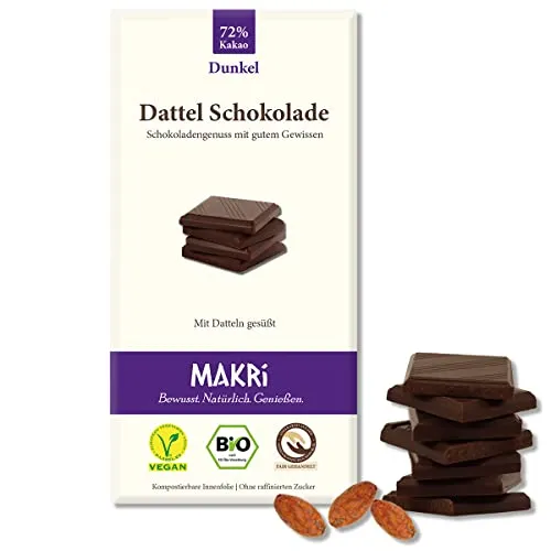 MAKRi® BIO Dattel Schokolade - ohne raffinierten Zucker, Mit Datteln gesüßt, Vegan & Fair gehandelt (Dunkel 72%, 1 Tafel)