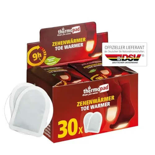 THERMOPAD Zehenwärmer – DAS ORIGINAL: 30 Paar Wärmepads für 8 Stunden Wärme - Campingausrüstung mit sofort einsatzbereiten Fußwärmern für wohlig warme Zehen – ideal für Outdoor-Aktivitäten, Ski-Schuhe und mehr, auch mit natürlichen Inhaltsstoffen.