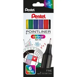 Pentel Fineliner Pointliner Colour Dye Ink, S40-6, Strichbreite 0,4 mm, farbig sortiert, 6 Stück