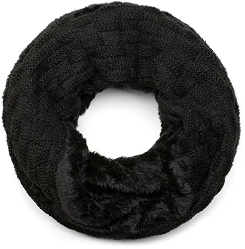 styleBREAKER warmer Feinstrick Loop Schal mit Flecht Muster und sehr weichem Fleece Innenfutter, Schlauchschal, Unisex 01018150, Farbe:Schwarz
