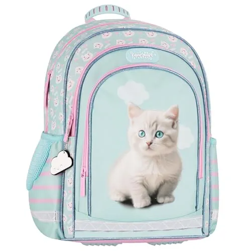 sarcia.eu Blauer Katzen-Schulrucksack mit Reflektoren, 3 Fächer, 23 l (Blaues Kätzchen)