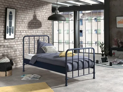 BRONXX Metallbett 90 x 200 cm - Cooles Design in Blue Denim - Modernes Metallbett für Kinderzimmer mit einer Liegefläche von 90 x 200 cm. Pulverbeschichtet in mattem Blue Denim, bietet es nicht nur Stil, sondern auch Langlebigkeit.
