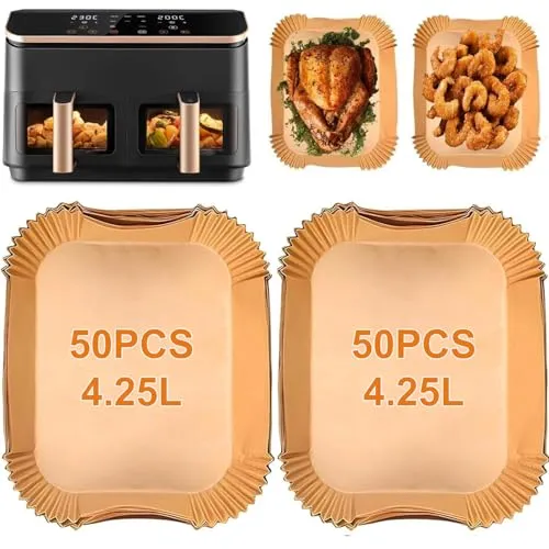 YJDM Airfryer Backpapier für Heißluftfritteuse COSORI 8,5L, 100 Stück Rechteckig Airfryer Backpapier für COSORI CAF-R901-AEU, Heißluftfritteuse 2 Kammern Dual Zone Air Fryer XXL 8,5 L