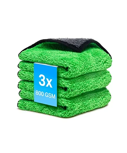Mikrofasertücher Auto 3 Stück 800 GSM Poliertuch für Autopflege und Haushalt | Microfaser Trockentuch extrem saugstark, fusselfrei und schonend weich Polieren - 30 x 30 cm (3PCS) (Grün, 3 Stück)