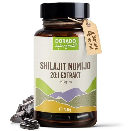 Shilajit Mumijo Kapseln – 500 mg Shilajit-Extrakt | 20 % Fulvinsäure | 120 Stück – 4-Monatsvorrat | Vegan & ohne Zusatzstoffe – Dorado Superfoods®