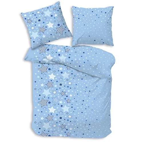 MTOnlinehandel Biber Bettwäsche 135x200 Sterne-Motiv Blau - Bettwaren-Set für Kinder, kuschelige 100% Baumwolle in Fein Biber Qualität, ideal für süße Träume mit einem schönen Sterne-Motiv.