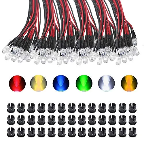 KeeYees 60Pcs 3mm LEDs mit 20cm Kabel DC 12V Led Fertig Verkabelt - Weiß Warm Weiß Rot Blau Grün Gelb (10Pcs X 6 Farben) + 60Pcs 3mm Plastik LED Montageringe… (5mm)