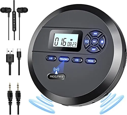 Tragbarer CD-Player, DESOBRY CD Player Tragbar mit Lautsprechern und UKW-Sender, Discman für Auto, 2000-mAh-Akku, Kopfhörer, AUX-Kabel