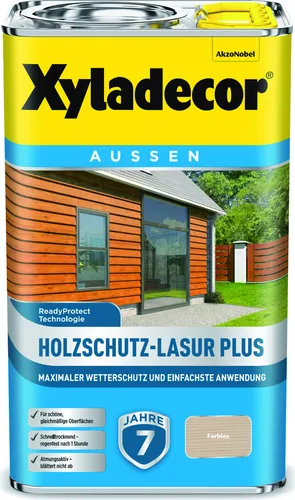 Xyladecor Holzschutz-Lasur Plus - Farblos, 2,5 l - Lacke mit bis zu 7 Jahren Wetterschutz, schnelltrocknend und regenfest nach 1 Stunde für gleichmäßige, seidenmatte Oberflächen.