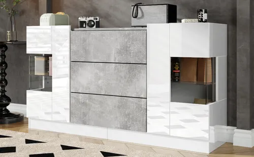 okwish Sideboard LED-Beleuchtung mit 16 Farben, Moderne Kommode Aufbewahrungsschrank mit 2 Türen und 3 SchubladenBuffetschrank140 x 35 x 75 cmweiß