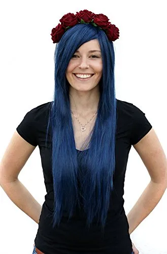 Prettyland 80cm Glatt Theater lange Perücke Dunkel Blau (schwarz Blau Gemischt Gesträhnt) Wig C942