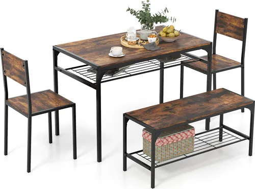 COSTWAY 4-tlg. Esstisch-Set, Küchentisch mit 2 Stühlen, 1 Bank und Regal Sitzgruppe Industrie Kaffee